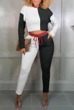 Coffee Casual Solid Patchwork O Neck Long Sleeve Two Pieces