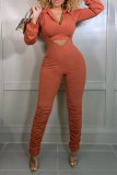 Orange Fashion Casual Solid Basic V Neck Long Sleeve Two Pieces