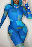 Blue Fashion Casual Print Basic Turtleneck Skinny Jumpsuits