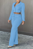 Blue Casual Solid Patchwork Buckle Turn-back Collar Long Sleeve Two Pieces