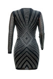 Gold Fashion Sexy Patchwork Hot Drill V Neck Long Sleeve Dresses
