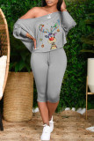 Red Fashion Casual Print Basic Oblique Collar Long Sleeve Two Pieces