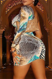 Colour Sexy Print Bandage Hollowed Out Backless Oblique Collar Long Sleeve Dresses