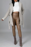 Light Gray Fashion Casual Solid Cardigan With Belt Turndown Collar Outerwear