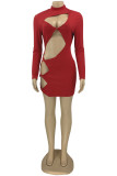 Black Fashion Sexy Solid Hollowed Out Turtleneck Long Sleeve Dresses