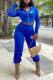 Royal Blue Fashion Street Print Patchwork Hooded Collar Long Sleeve Two Pieces