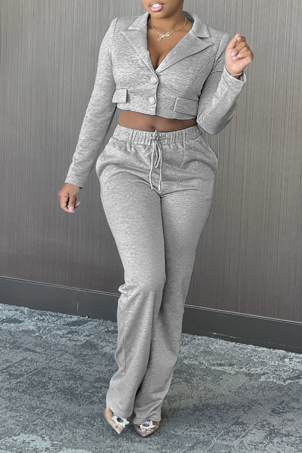 Grey Casual Solid Patchwork Buckle Turn-back Collar Long Sleeve Two Pieces