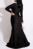 Red Fashion Sexy Solid Slit Fold V Neck Long Sleeve Evening Dress