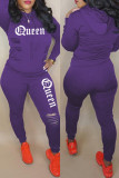 Purple Casual Sportswear Letter Print Ripped Hooded Collar Long Sleeve Two Pieces