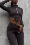 Brown Fashion Sexy Solid Asymmetrical Zipper Collar Long Sleeve Two Pieces