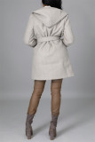 Light Gray Fashion Casual Solid Cardigan With Belt Turndown Collar Outerwear