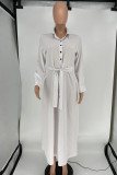 White Fashion Casual Solid With Belt Turndown Collar Long Sleeve Dresses