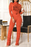 Orange Casual Letter Print Fold Turtleneck Long Sleeve Two Pieces