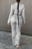Blue Casual Solid Patchwork Buckle Turn-back Collar Long Sleeve Two Pieces
