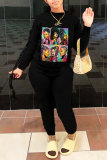 Black Fashion Casual Print Basic O Neck Long Sleeve Two Pieces