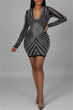 Gold Fashion Sexy Patchwork Hot Drill V Neck Long Sleeve Dresses