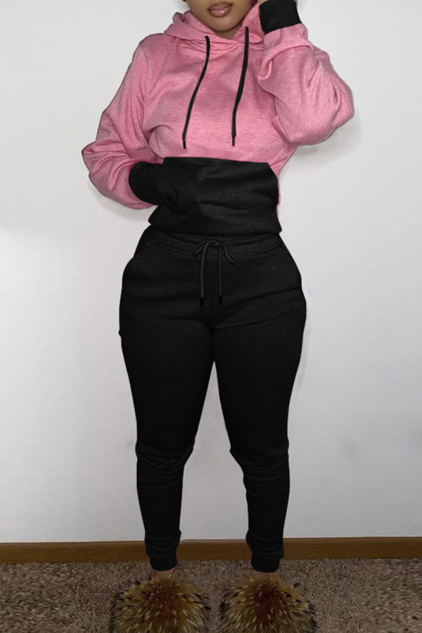 Pink Fashion Casual Patchwork Basic Hooded Collar Long Sleeve Two Pieces