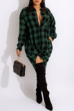 Red Fashion Casual Plaid Print Basic Turndown Collar Long Sleeve Dresses