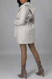 Light Gray Fashion Casual Solid Cardigan With Belt Turndown Collar Outerwear