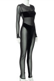 Black Fashion Sexy Patchwork See-through O Neck Skinny Jumpsuits