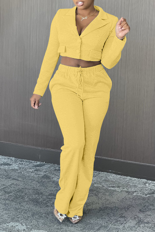 Yellow Casual Solid Patchwork Buckle Turn-back Collar Long Sleeve Two Pieces