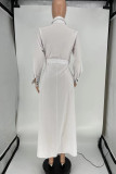White Fashion Casual Solid With Belt Turndown Collar Long Sleeve Dresses