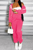 Rose Red Casual Solid Patchwork Zipper Hooded Collar Long Sleeve Two Pieces