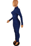 Blue Sexy Print Patchwork Fold Turtleneck Dresses