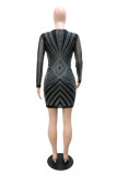 Gold Fashion Sexy Patchwork Hot Drill V Neck Long Sleeve Dresses