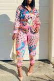 Pink Casual Print Patchwork Buckle Turndown Collar Long Sleeve Two Pieces(Without Belt)