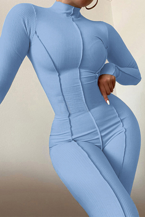 Blue Fashion Casual Solid Basic Half A Turtleneck Skinny Jumpsuits