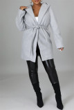 Light Gray Fashion Casual Solid Cardigan With Belt Turndown Collar Outerwear