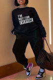 Black Fashion Casual Letter Print Basic O Neck Long Sleeve Two Pieces