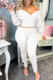 Coffee Fashion Casual Solid Basic V Neck Long Sleeve Two Pieces