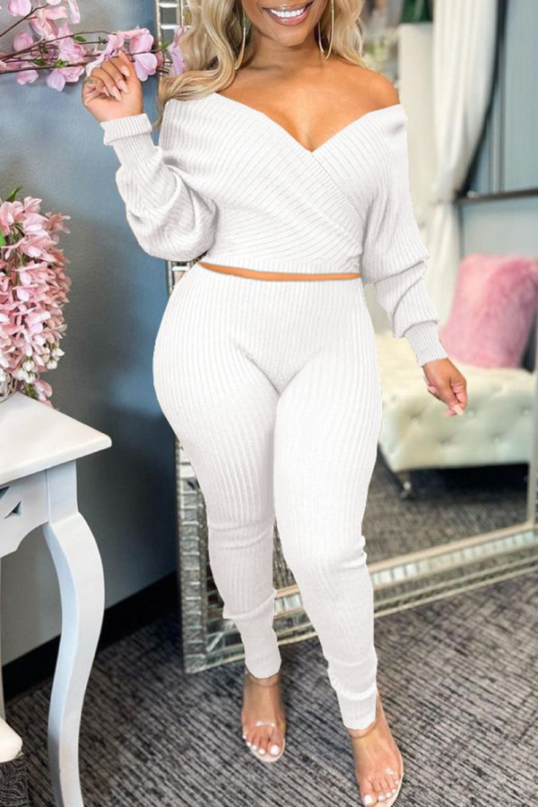 White Fashion Casual Solid Basic V Neck Long Sleeve Two Pieces