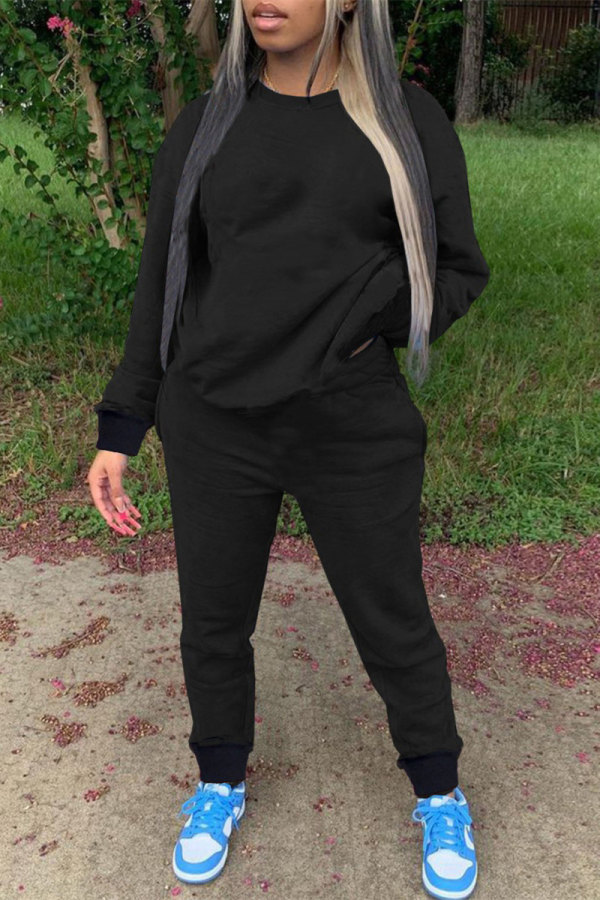 Black Casual Solid Basic O Neck Long Sleeve Two Pieces