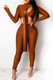 Coffee Sexy Casual Solid Bandage Hollowed Out Turtleneck Long Sleeve Two Pieces