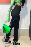 Black Fashion Casual Solid Patchwork Regular High Waist Trousers