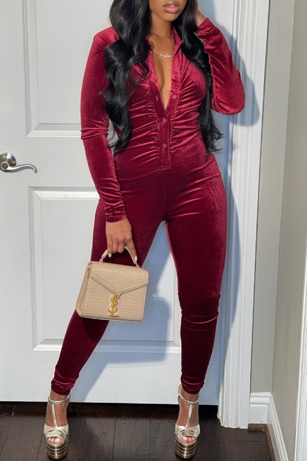 Burgundy Fashion Casual Solid Fold V Neck Long Sleeve Skinny Jumpsuits