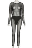 Black Fashion Sexy Patchwork See-through O Neck Skinny Jumpsuits
