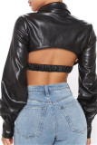Black Sexy Casual Solid Split Joint Backless Turndown Collar Tops