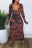 Red Black Sexy Print Patchwork V Neck One Step Skirt Dresses