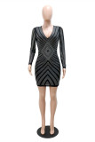 Gold Fashion Sexy Patchwork Hot Drill V Neck Long Sleeve Dresses