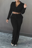 Blue Casual Solid Patchwork Buckle Turn-back Collar Long Sleeve Two Pieces