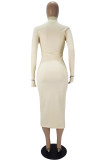 Khaki Fashion Casual Letter Embroidery Solid Color Turtleneck Long Sleeve Dresses