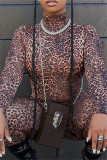 Multicolor Fashion Sexy Leopard Printing Turtleneck Skinny Jumpsuits