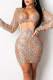 Gold Sexy Hollowed Out Sequins Patchwork Halter One Step Skirt Dresses