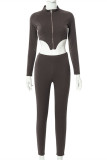 Brown Fashion Sexy Solid Asymmetrical Zipper Collar Long Sleeve Two Pieces