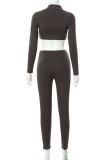 Brown Fashion Sexy Solid Asymmetrical Zipper Collar Long Sleeve Two Pieces