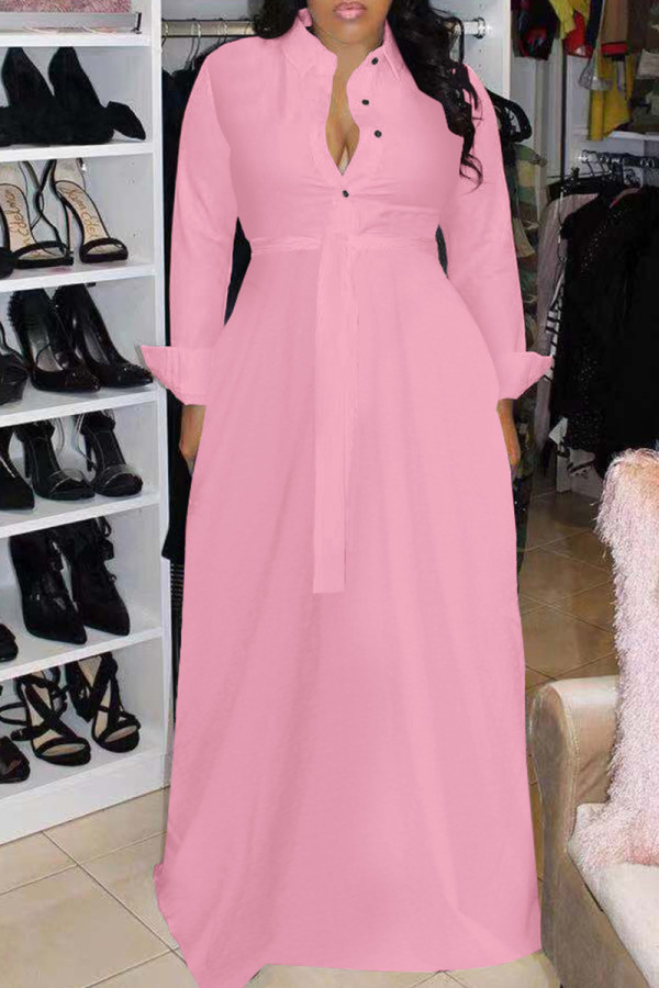 Pink Fashion Casual Solid With Belt Turndown Collar Long Sleeve Dresses